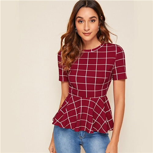 Grid Print Fitted Blouse