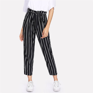 Self Belt Striped Pants Women