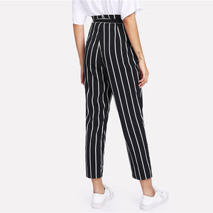 Self Belt Striped Pants Women