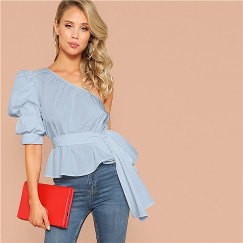 One Shoulder Puff Blouse