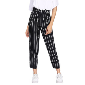 Self Belt Striped Pants Women